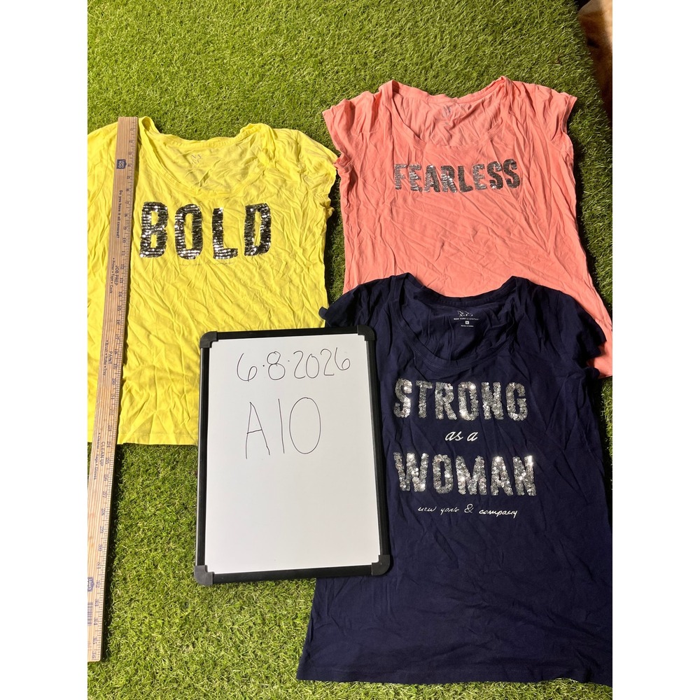 New York & Company Women Medium Graphic Tee Bundle Sequins blue yellow pink